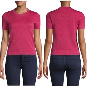 Alice + Olivia Connie Metallic Knit Short Sleeve Wool Blend Sweater Pink Medium